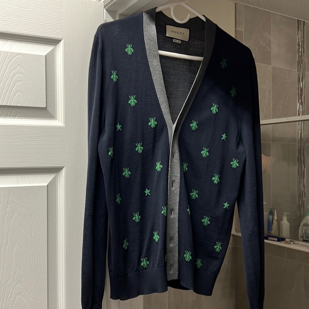 Gucci Navy Blue, grey and green detail cardigan